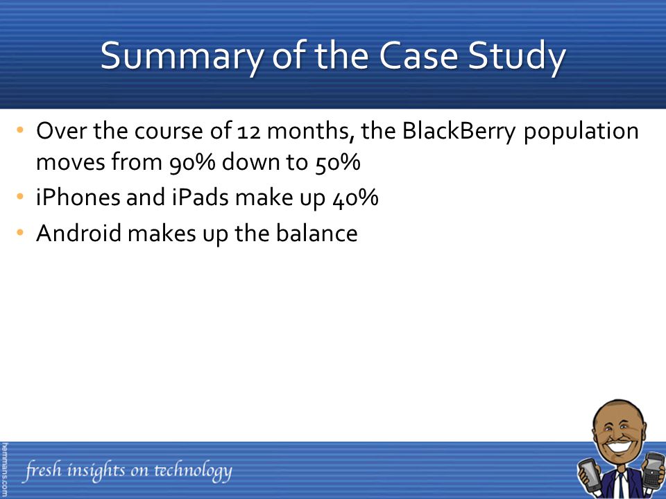 Over the course of 12 months, the BlackBerry population moves from 90% down to 50% iPhones and iPads make up 40% Android makes up the balance Summary of the Case Study