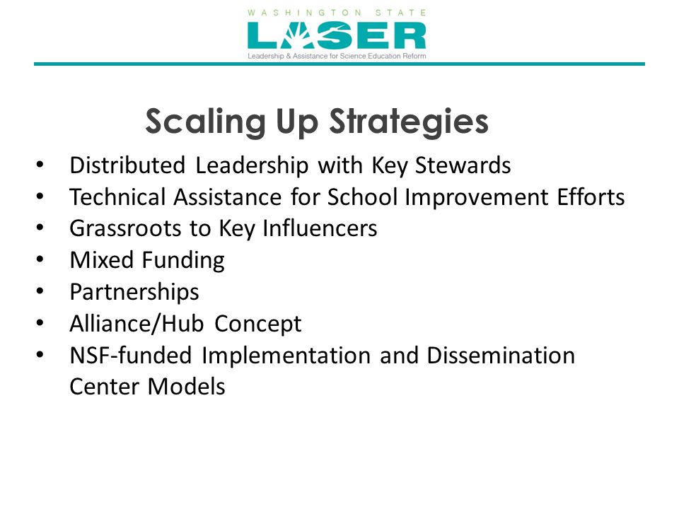 Distributed Leadership with Key Stewards Technical Assistance for School Improvement Efforts Grassroots to Key Influencers Mixed Funding Partnerships Alliance/Hub Concept NSF-funded Implementation and Dissemination Center Models Scaling Up Strategies