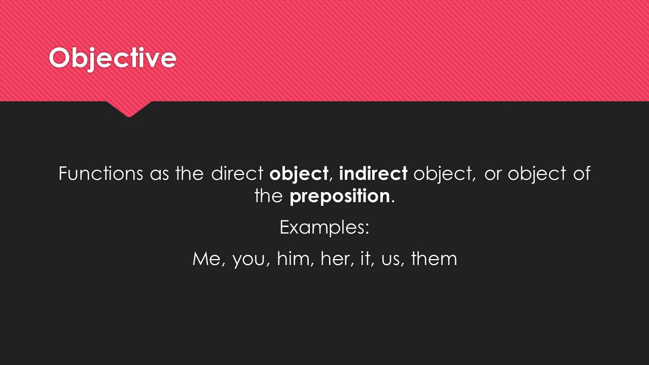 Objective Functions as the direct object, indirect object, or object of the preposition.