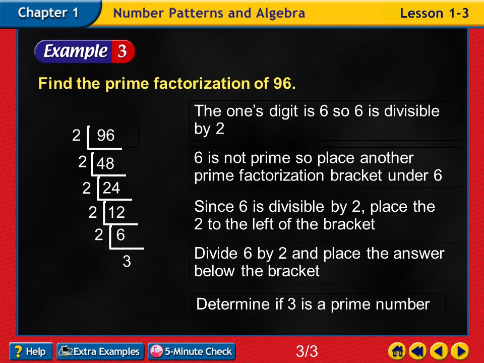 Example 3-3a Find the prime factorization of 96.