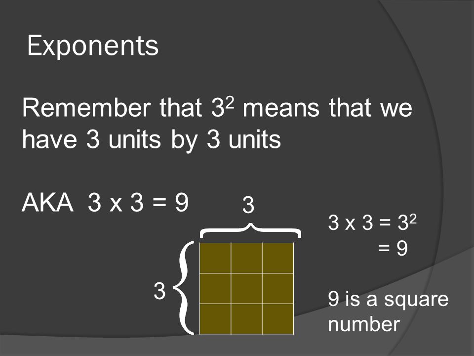 Exponents Remember that 3 2 means that we have 3 units by 3 units AKA 3 x 3 = x 3 = 3 2 = 9 9 is a square number