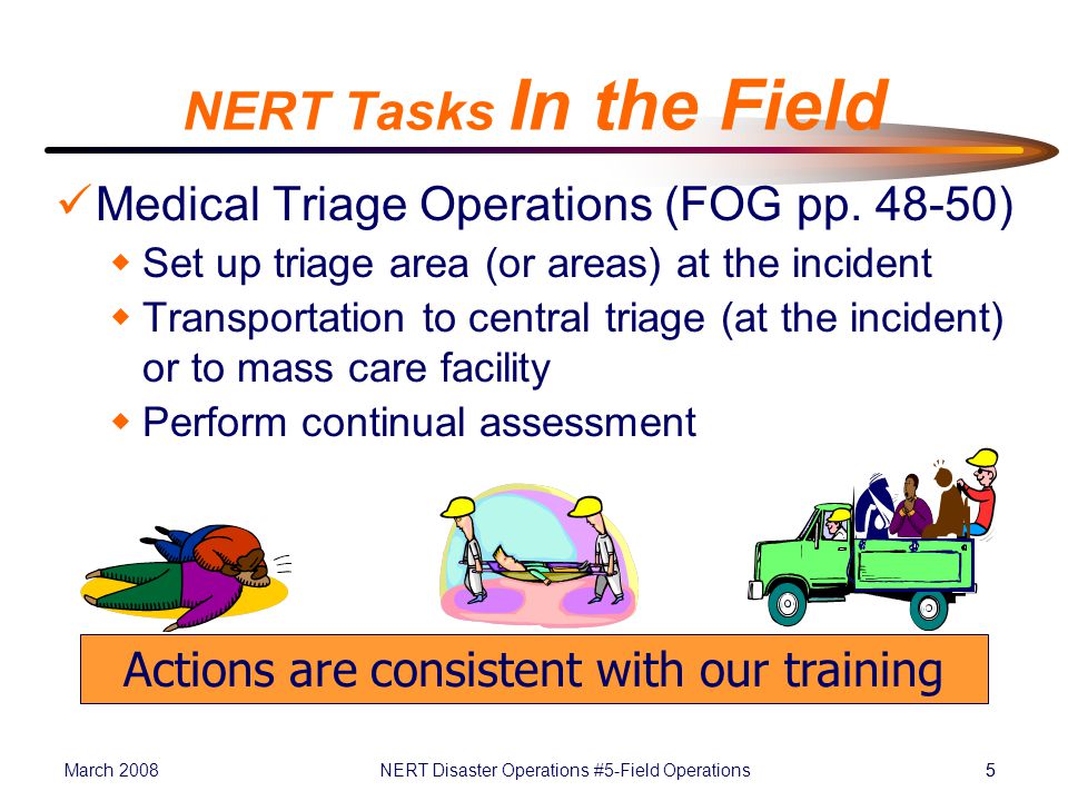 March 2008NERT Disaster Operations #5-Field Operations55 NERT Tasks In the Field Medical Triage Operations (FOG pp.