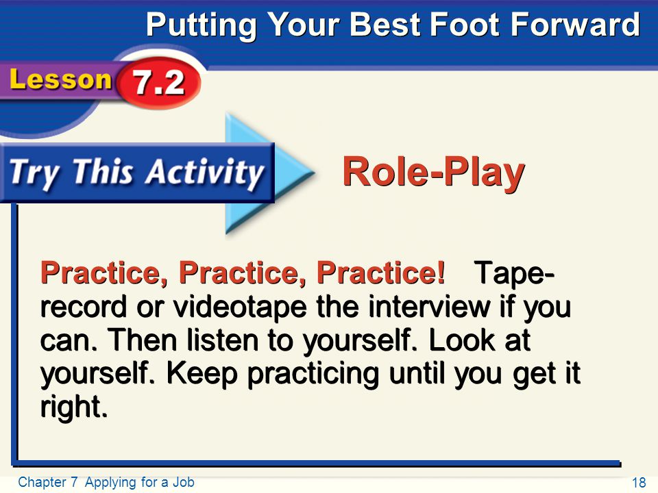 18 Chapter 7 Applying for a Job Putting Your Best Foot Forward Try This Activity Practice, Practice, Practice.