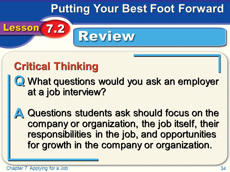 34 Chapter 7 Applying for a Job Putting Your Best Foot Forward What questions would you ask an employer at a job interview.