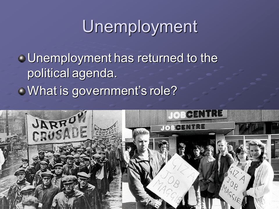 Unemployment Unemployment has returned to the political agenda. What is government’s role