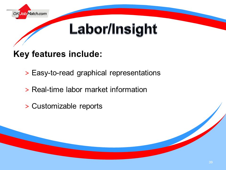 39 Key features include: > Easy-to-read graphical representations > Real-time labor market information > Customizable reports