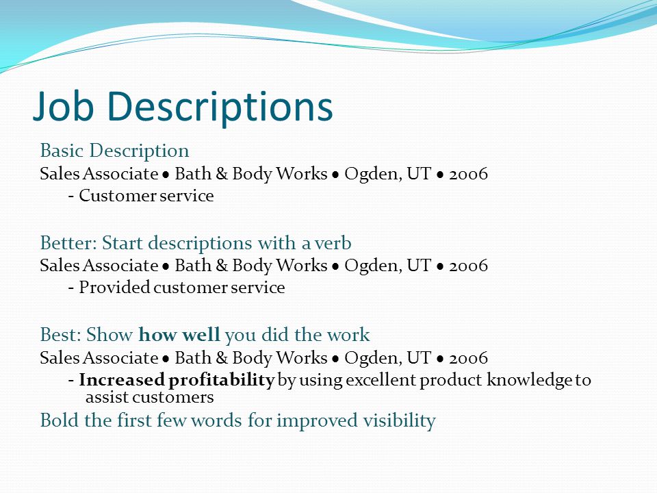 your primary marketing material resume sections required optional bath and body works associate
