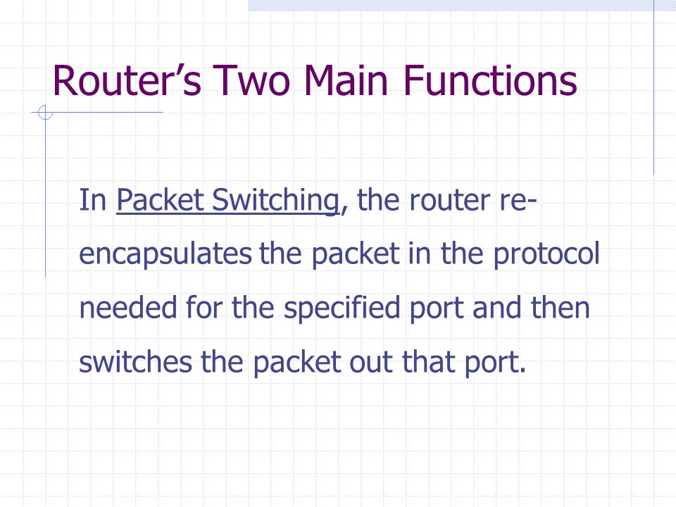 Router’s Two Main Functions In Packet Switching, the router re- encapsulates the packet in the protocol needed for the specified port and then switches the packet out that port.