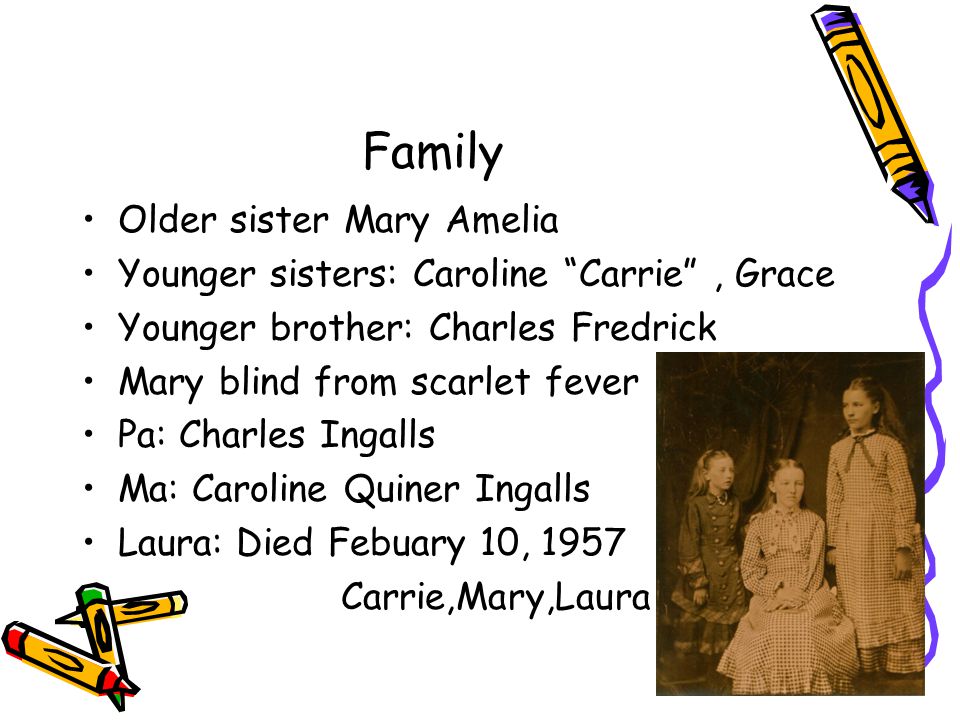 Family Older sister Mary Amelia Younger sisters: Caroline Carrie , Grace Younger brother: Charles Fredrick Mary blind from scarlet fever Pa: Charles Ingalls Ma: Caroline Quiner Ingalls Laura: Died Febuary 10, 1957 Carrie,Mary,Laura