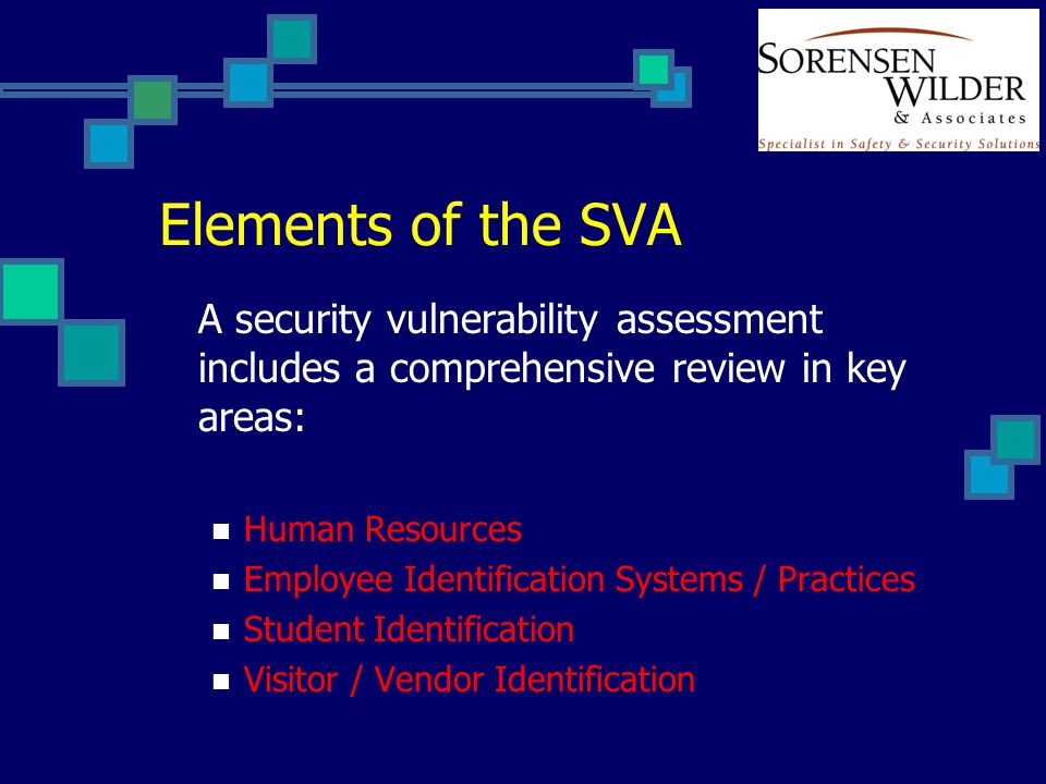 Elements of the SVA A security vulnerability assessment includes a comprehensive review in key areas: Human Resources Employee Identification Systems / Practices Student Identification Visitor / Vendor Identification