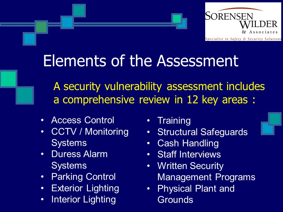 Elements of the Assessment A security vulnerability assessment includes a comprehensive review in 12 key areas : Access Control CCTV / Monitoring Systems Duress Alarm Systems Parking Control Exterior Lighting Interior Lighting Training Structural Safeguards Cash Handling Staff Interviews Written Security Management Programs Physical Plant and Grounds
