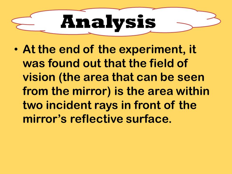 At the end of the experiment, it was found out that the field of vision (the area that can be seen from the mirror) is the area within two incident rays in front of the mirror’s reflective surface.