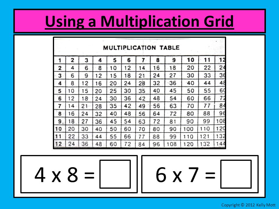 Using a Multiplication Grid Copyright © 2012 Kelly Mott 4 x 8 = 6 x 7 =