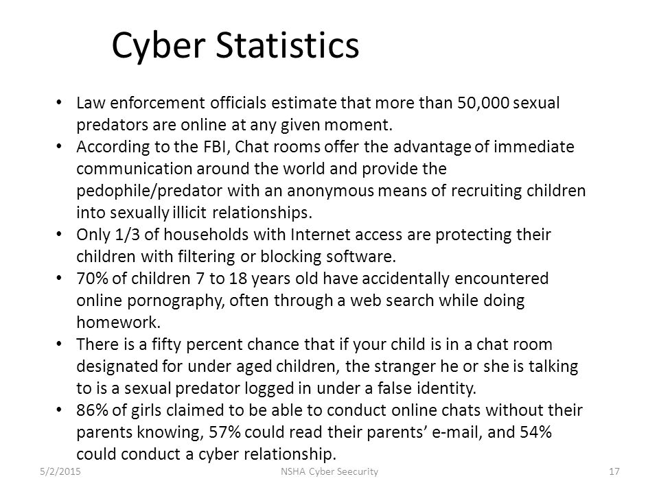 5/2/2015NSHA Cyber Seecurity17 Law enforcement officials estimate that more than 50,000 sexual predators are online at any given moment.
