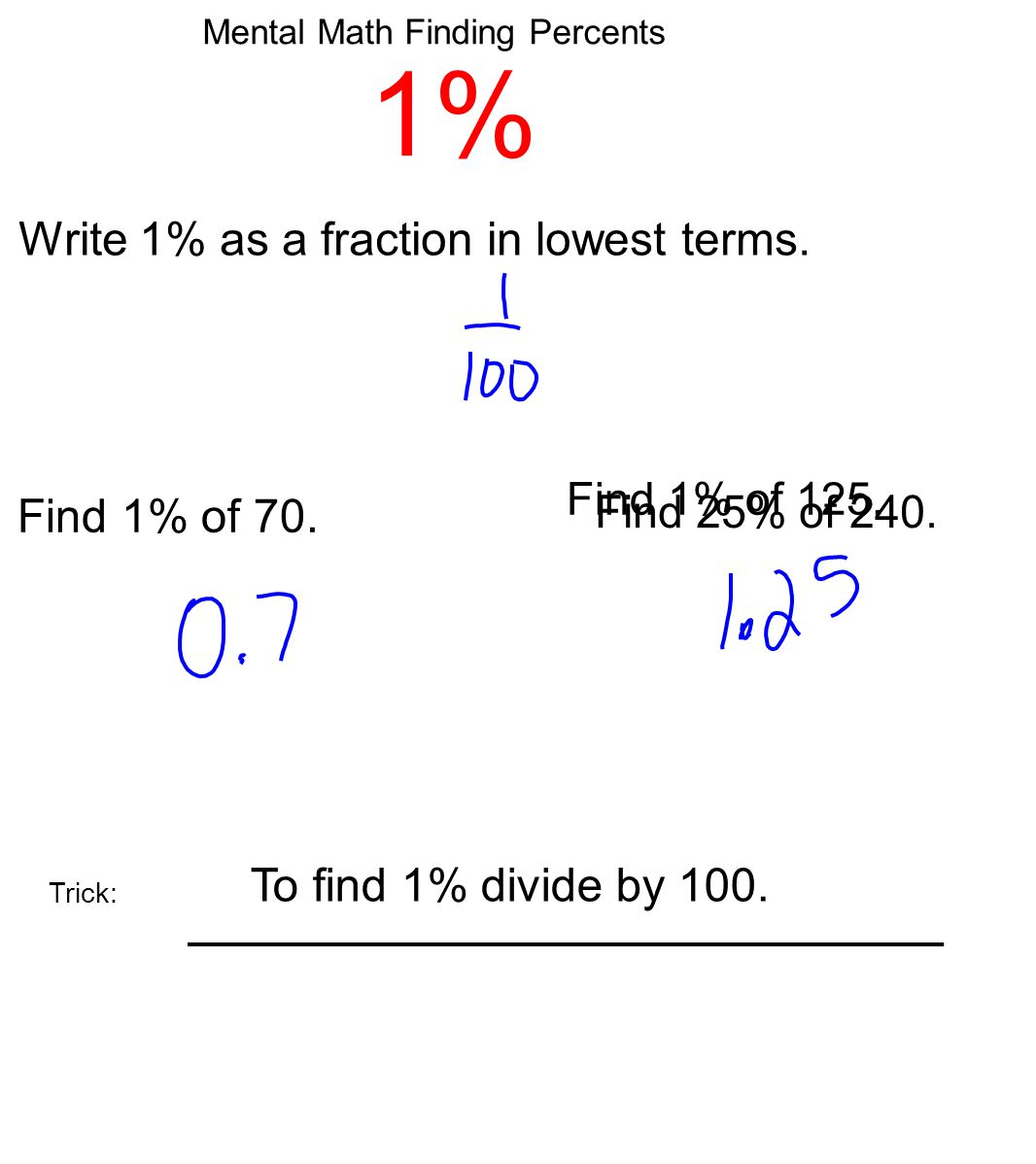 Mental Math Finding Percents 1% Write 1% as a fraction in lowest terms.