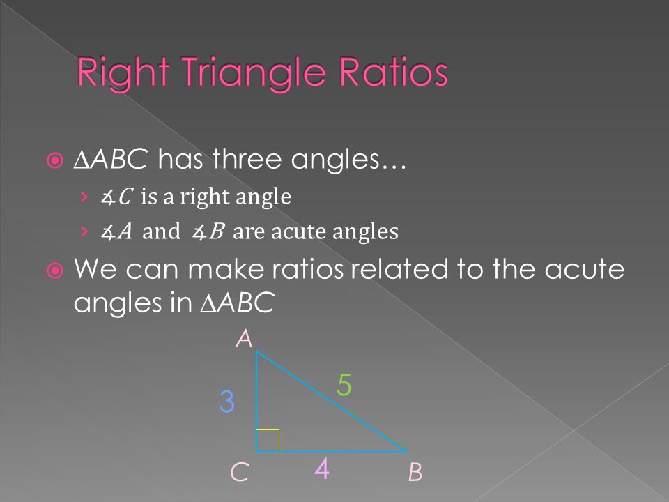  ∆ABC has three angles… › ∡C is a right angle › ∡A and ∡B are acute angles  We can make ratios related to the acute angles in ∆ABC A CB 3 4 5