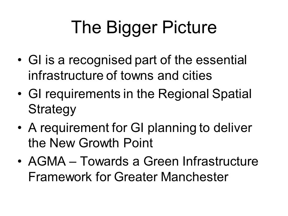 The Bigger Picture GI is a recognised part of the essential infrastructure of towns and cities GI requirements in the Regional Spatial Strategy A requirement for GI planning to deliver the New Growth Point AGMA – Towards a Green Infrastructure Framework for Greater Manchester