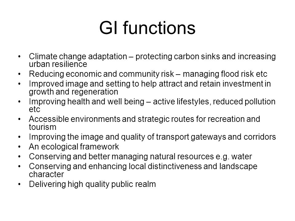 GI functions Climate change adaptation – protecting carbon sinks and increasing urban resilience Reducing economic and community risk – managing flood risk etc Improved image and setting to help attract and retain investment in growth and regeneration Improving health and well being – active lifestyles, reduced pollution etc Accessible environments and strategic routes for recreation and tourism Improving the image and quality of transport gateways and corridors An ecological framework Conserving and better managing natural resources e.g.