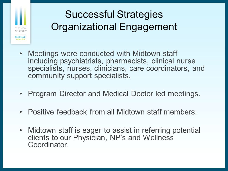 Successful Strategies Organizational Engagement Meetings were conducted with Midtown staff including psychiatrists, pharmacists, clinical nurse specialists, nurses, clinicians, care coordinators, and community support specialists.