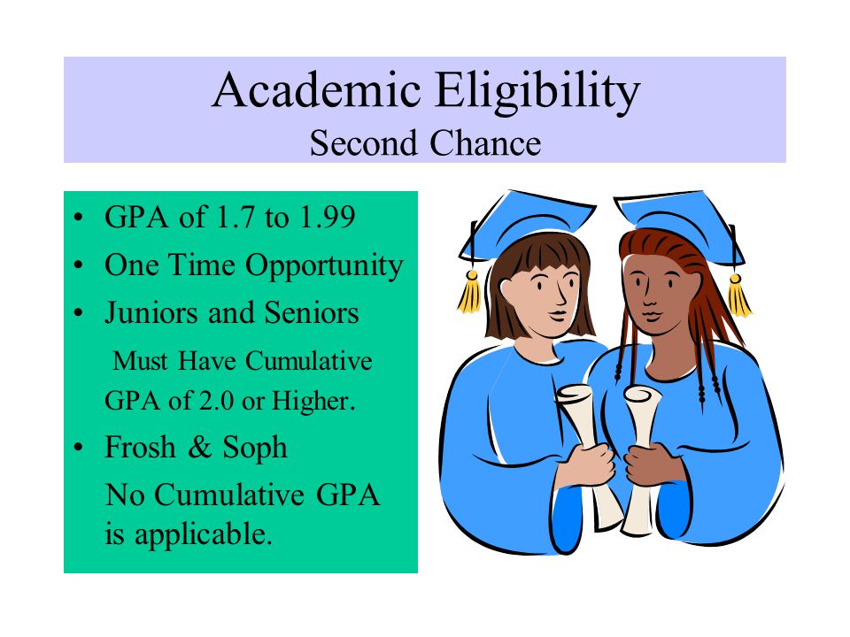Academic Eligibility Second Chance GPA of 1.7 to 1.99 One Time Opportunity Juniors and Seniors Must Have Cumulative GPA of 2.0 or Higher.