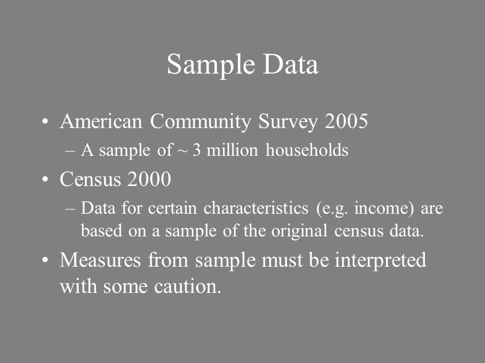Sample Data American Community Survey 2005 –A sample of ~ 3 million households Census 2000 –Data for certain characteristics (e.g.