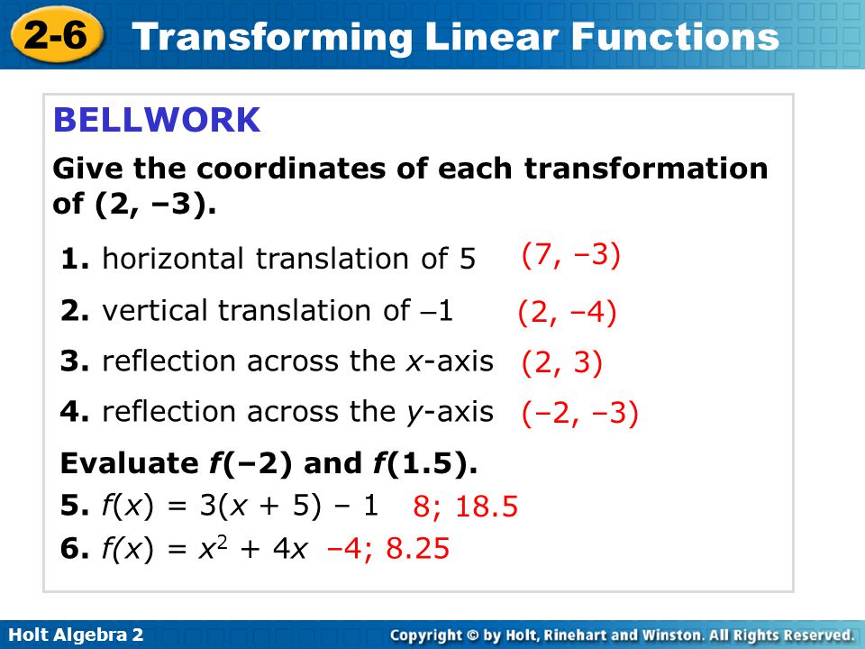 Printables Linear Functions Worksheet Algebra 2 holt algebra transforming linear functions bellwork give the 2 6 coordinates of each transformation