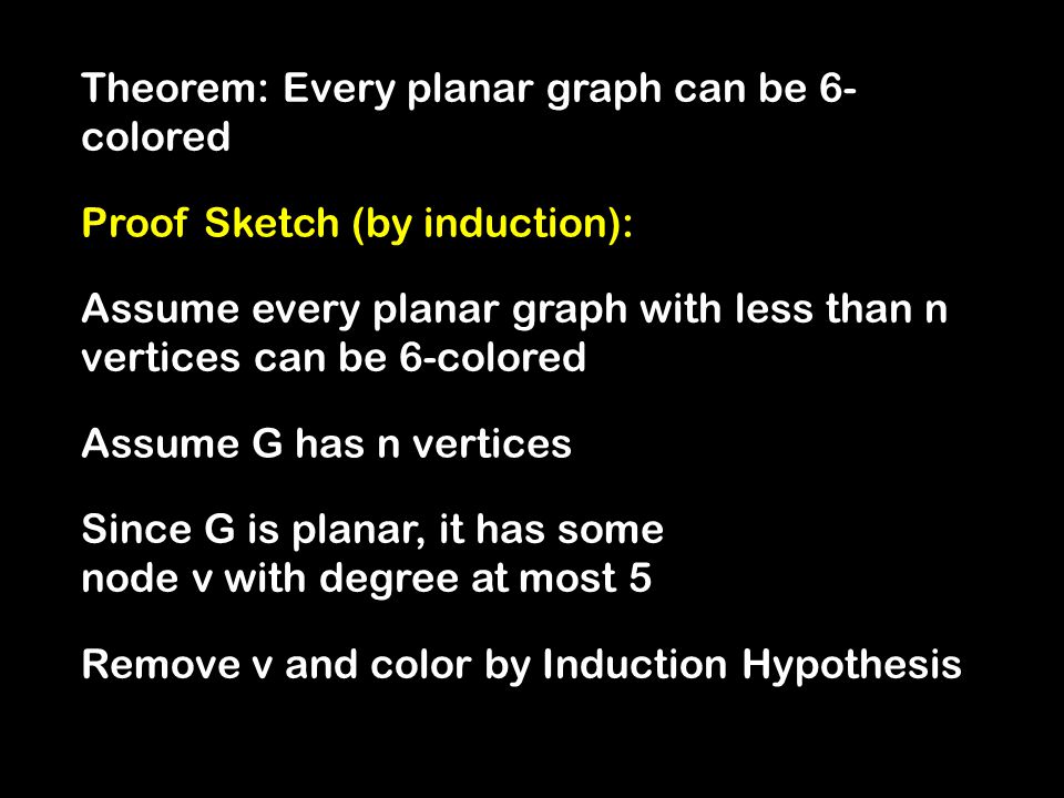 Theorem: Every planar graph can be 6- colored Proof Sketch (by induction): Assume every planar graph with less than n vertices can be 6-colored Assume G has n vertices Since G is planar, it has some node v with degree at most 5 Remove v and color by Induction Hypothesis