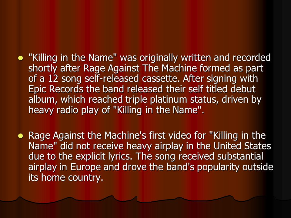 Lyric epic rap battles lyrics : Killing In The Name Of BY RAGE AGAINST THE MACHINE. - ppt download