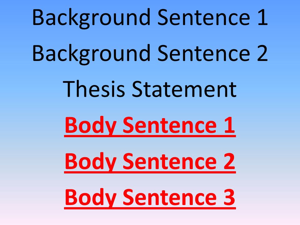 Background Sentence 1 Background Sentence 2 Thesis Statement Body Sentence 1 Body Sentence 2 Body Sentence 3