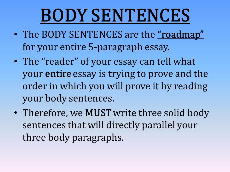 BODY SENTENCES The BODY SENTENCES are the roadmap for your entire 5-paragraph essay.