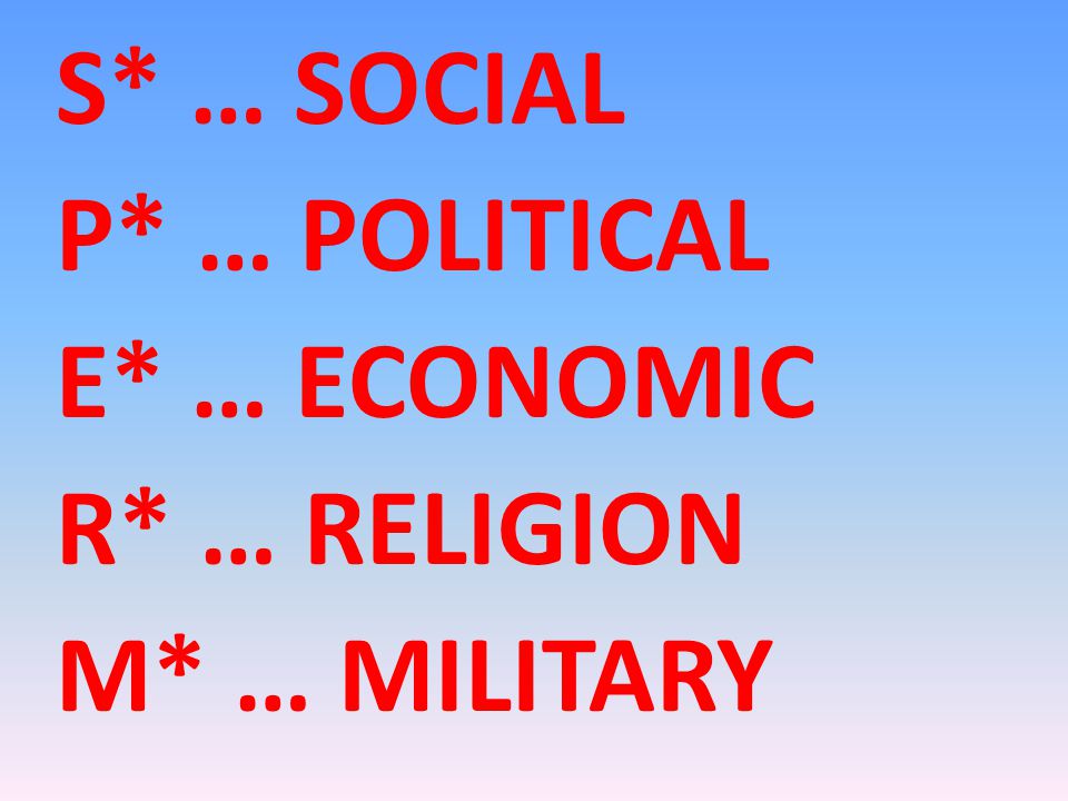 S* … SOCIAL P* … POLITICAL E* … ECONOMIC R* … RELIGION M* … MILITARY