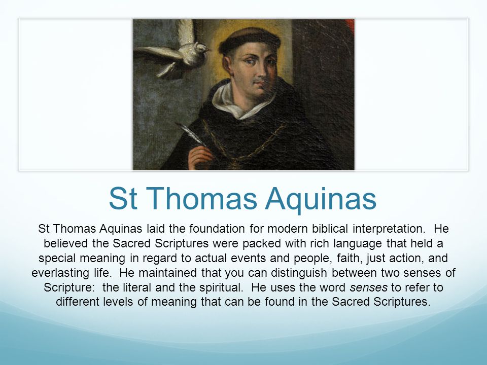 St Thomas Aquinas St Thomas Aquinas laid the foundation for modern biblical interpretation.