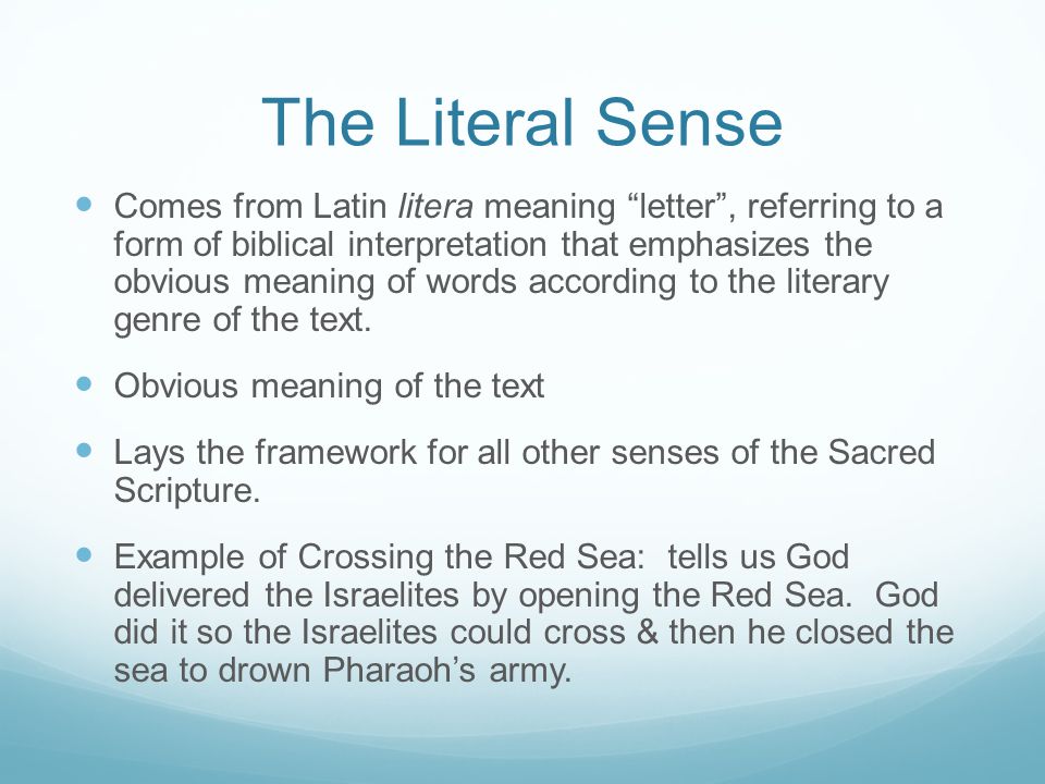 The Literal Sense Comes from Latin litera meaning letter , referring to a form of biblical interpretation that emphasizes the obvious meaning of words according to the literary genre of the text.