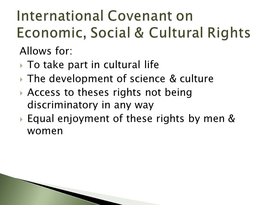 Allows for:  To take part in cultural life  The development of science & culture  Access to theses rights not being discriminatory in any way  Equal enjoyment of these rights by men & women