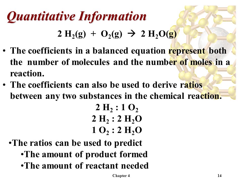 Chapter H 2 (g) + O 2 (g)  2 H 2 O(g) The coefficients in a balanced equation represent both the number of molecules and the number of moles in a reaction.