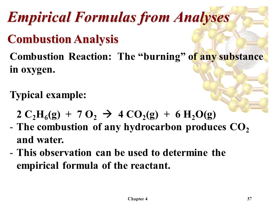 Chapter 437 Combustion Analysis Empirical Formulas from Analyses Typical example: 2 C 2 H 6 (g) + 7 O 2  4 CO 2 (g) + 6 H 2 O(g) -The combustion of any hydrocarbon produces CO 2 and water.