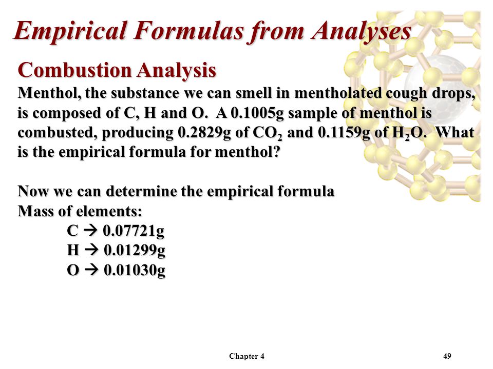 Chapter 449 Combustion Analysis Menthol, the substance we can smell in mentholated cough drops, is composed of C, H and O.