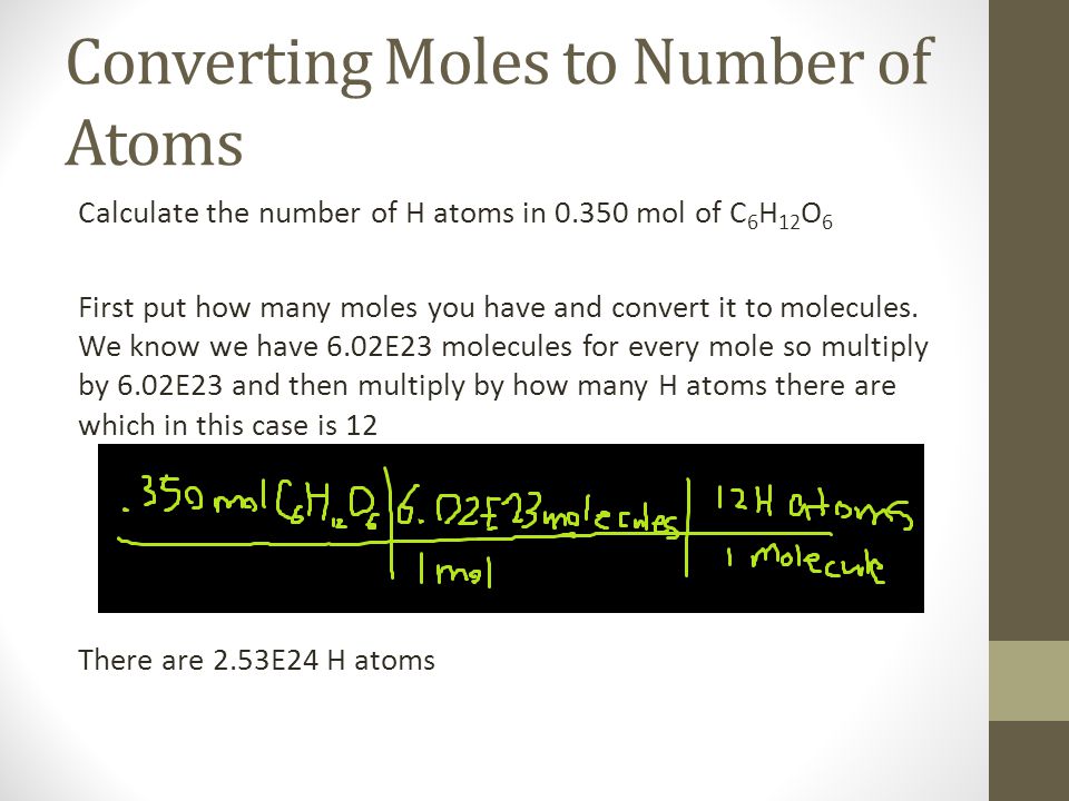 Converting Moles to Number of Atoms Calculate the number of H atoms in mol of C 6 H 12 O 6 First put how many moles you have and convert it to molecules.