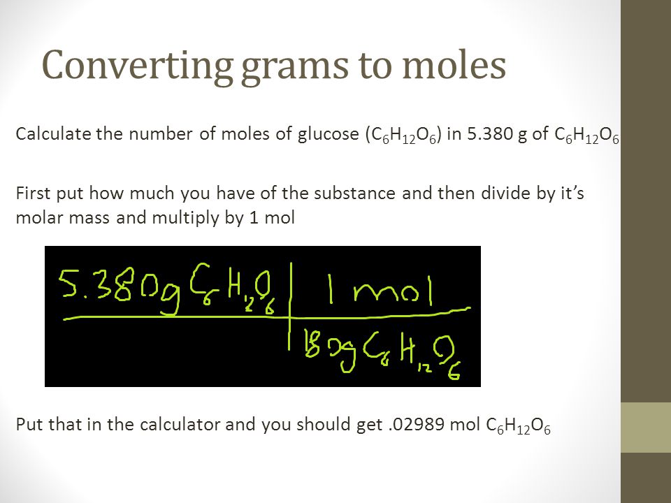 Converting grams to moles Calculate the number of moles of glucose (C 6 H 12 O 6 ) in g of C 6 H 12 O 6 First put how much you have of the substance and then divide by it’s molar mass and multiply by 1 mol Put that in the calculator and you should get mol C 6 H 12 O 6