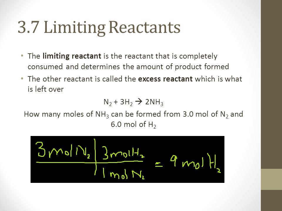 3.7 Limiting Reactants The limiting reactant is the reactant that is completely consumed and determines the amount of product formed The other reactant is called the excess reactant which is what is left over N 2 + 3H 2  2NH 3 How many moles of NH 3 can be formed from 3.0 mol of N 2 and 6.0 mol of H 2