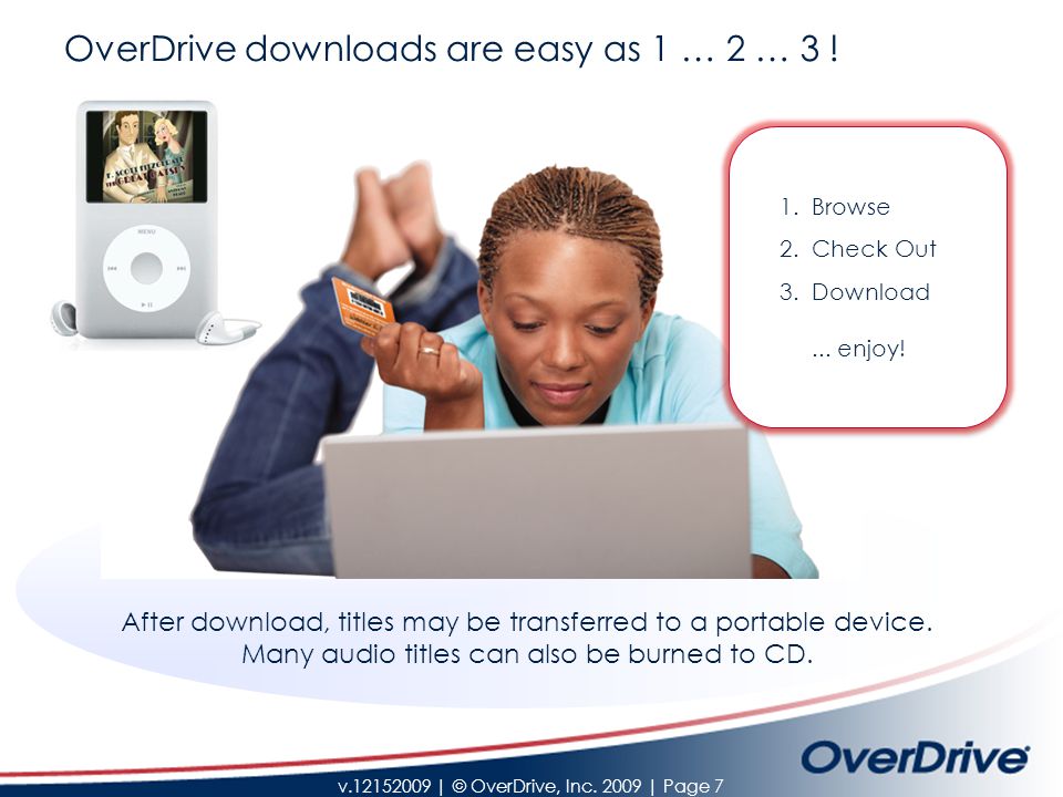 v | © OverDrive, Inc | Page 7 OverDrive downloads are easy as 1 … 2 … 3 .