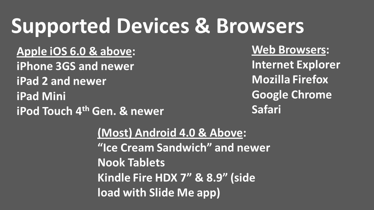 Supported Devices & Browsers Apple iOS 6.0 & above: iPhone 3GS and newer iPad 2 and newer iPad Mini iPod Touch 4 th Gen.