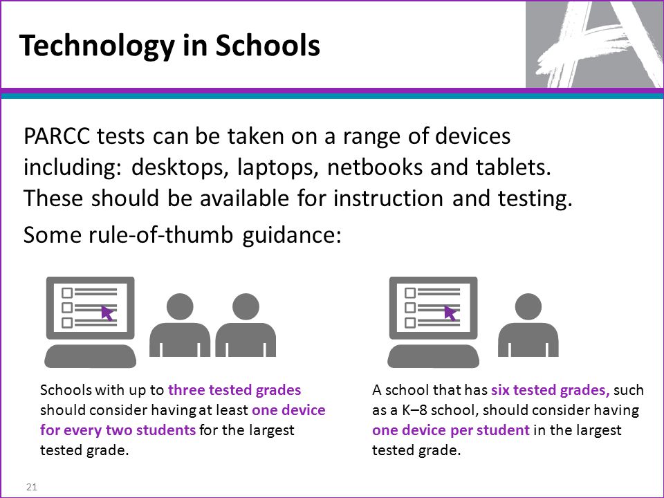 Technology in Schools 21 PARCC tests can be taken on a range of devices including: desktops, laptops, netbooks and tablets.