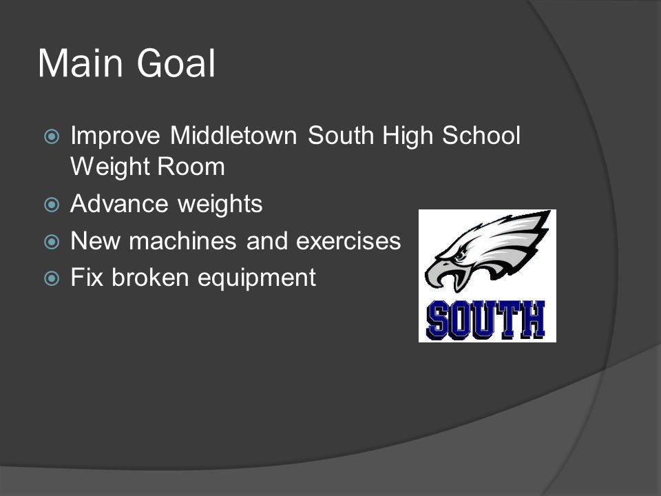 Main Goal  Improve Middletown South High School Weight Room  Advance weights  New machines and exercises  Fix broken equipment
