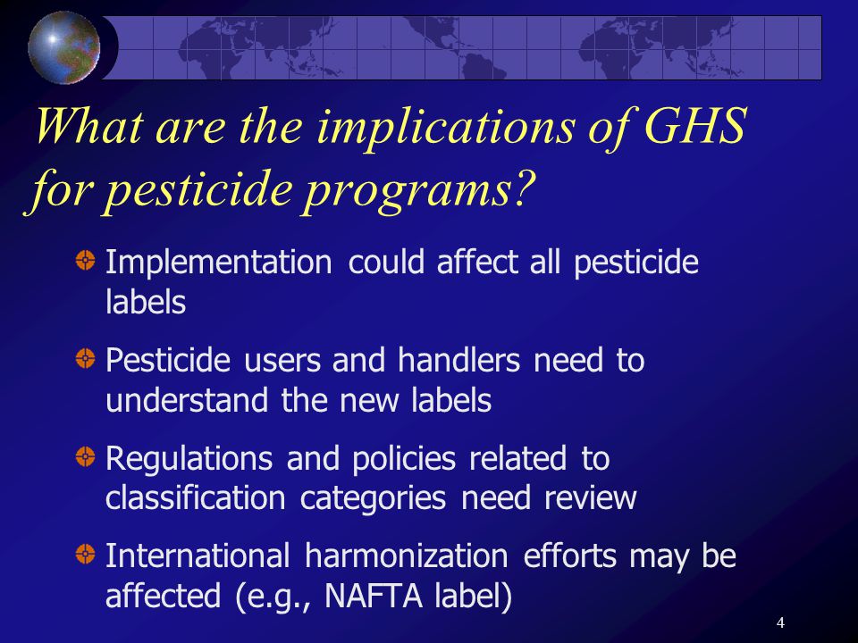 4 What are the implications of GHS for pesticide programs.