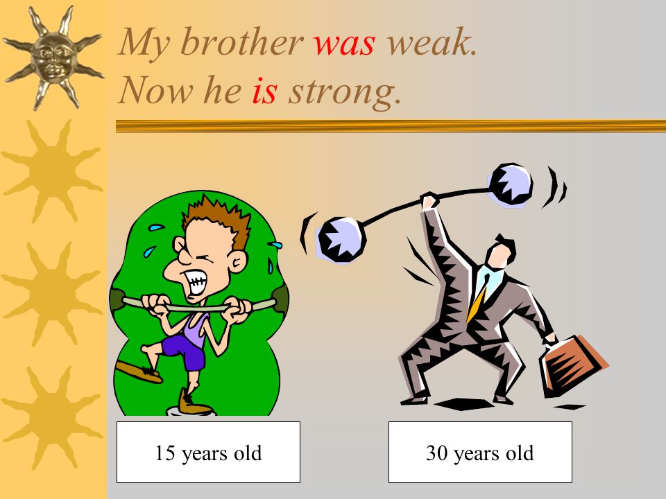 My brother was weak. Now he is strong. 15 years old30 years old