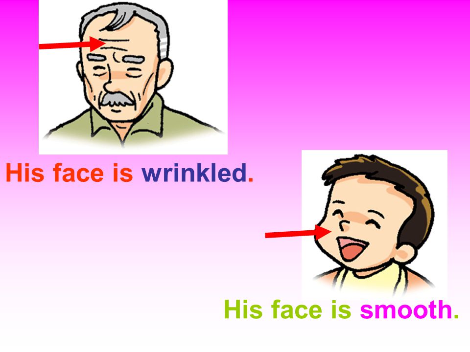 His face is smooth. His face is wrinkled.