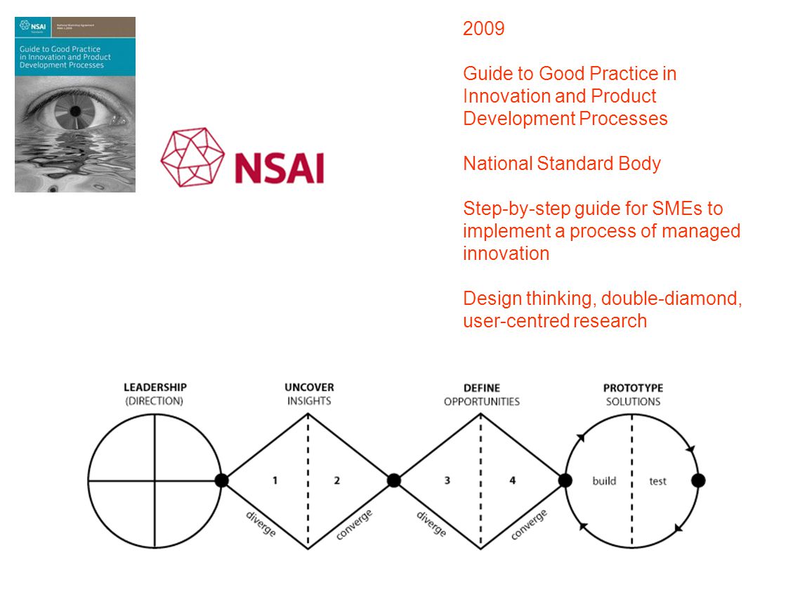 2009 Guide to Good Practice in Innovation and Product Development Processes National Standard Body Step-by-step guide for SMEs to implement a process of managed innovation Design thinking, double-diamond, user-centred research