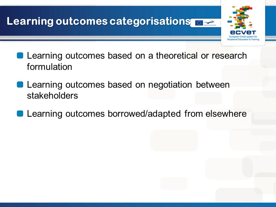 Learning outcomes categorisations Learning outcomes based on a theoretical or research formulation Learning outcomes based on negotiation between stakeholders Learning outcomes borrowed/adapted from elsewhere