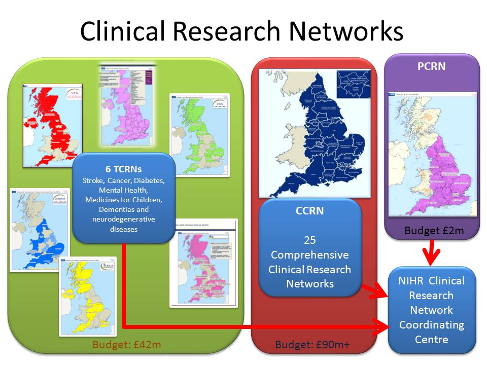 Clinical Research Networks PCRN 6 TCRNs Stroke, Cancer, Diabetes, Mental Health, Medicines for Children, Dementias and neurodegenerative diseases 6 TCRNs Stroke, Cancer, Diabetes, Mental Health, Medicines for Children, Dementias and neurodegenerative diseases CCRN 25 Comprehensive Clinical Research Networks CCRN 25 Comprehensive Clinical Research Networks NIHR Clinical Research Network Coordinating Centre NIHR Clinical Research Network Coordinating Centre Budget: £42mBudget: £90m+ Budget £2m
